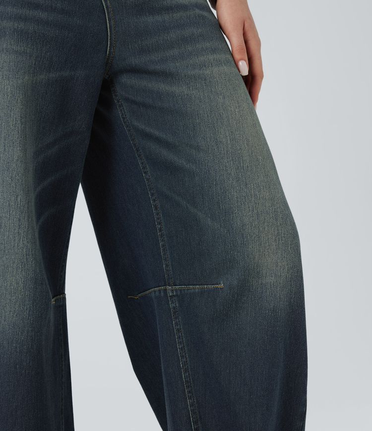 jean décontracté halara flex asymétrique à taille mi-haute et coupe baril délavé avec poches