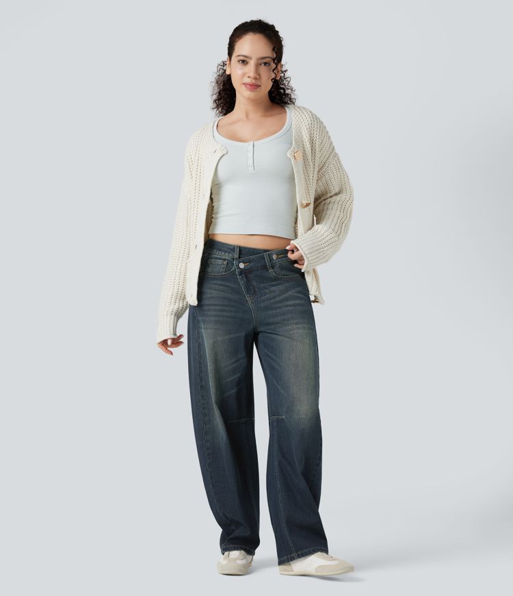 jean décontracté halara flex asymétrique à taille mi-haute et coupe baril délavé avec poches