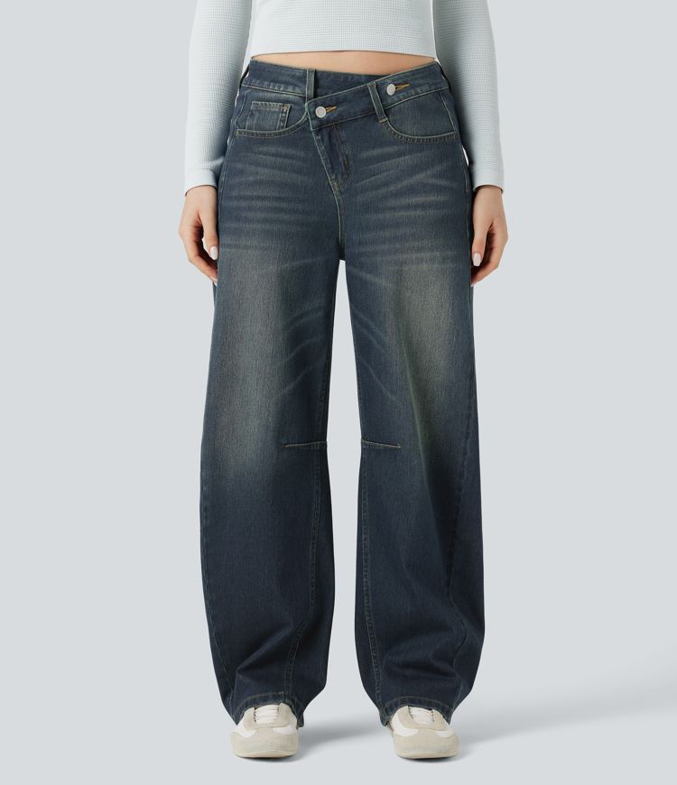 jean décontracté halara flex asymétrique à taille mi-haute et coupe baril délavé avec poches