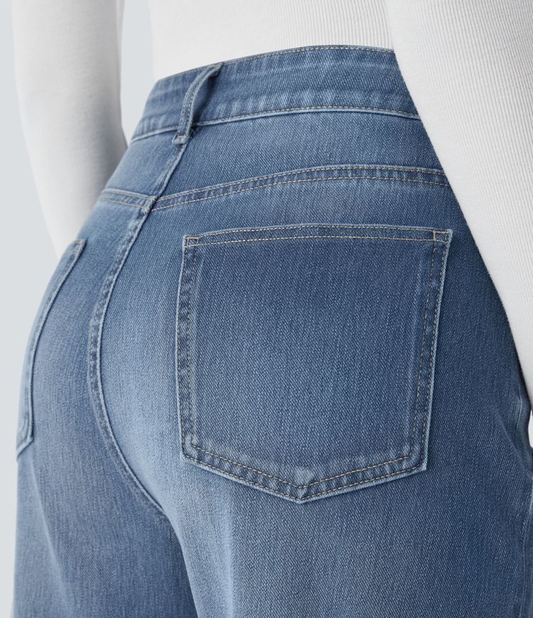 jean décontracté halara flex taille haute poches ourlet ajustable jambes larges délavé