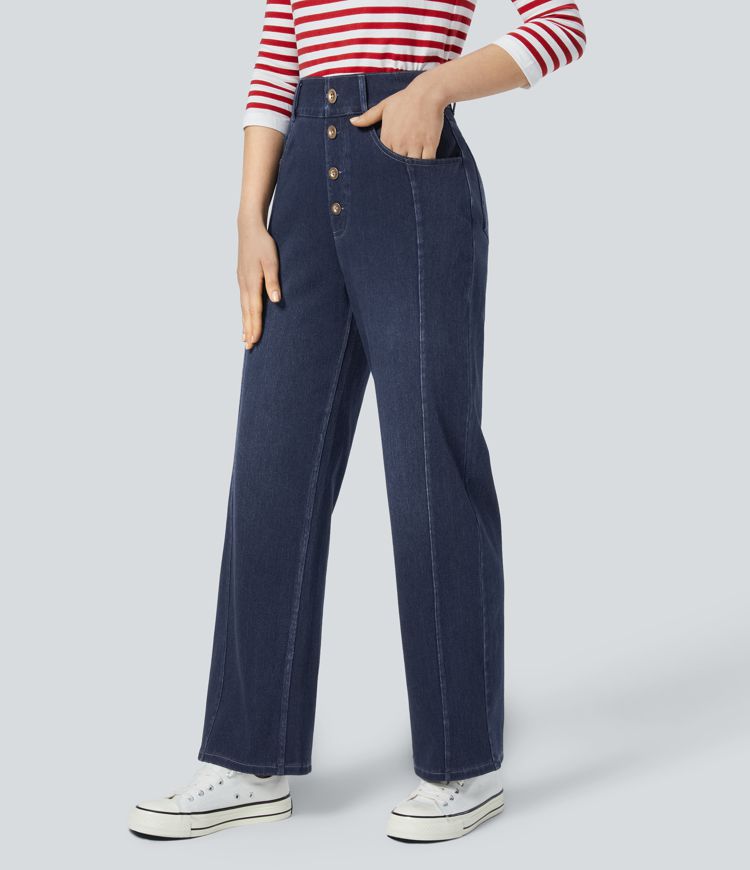 jean boyfriend décontracté à taille haute et poches décoratives halara flex