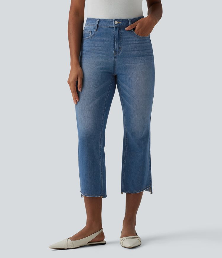 jean court décontracté à taille mi-haute et ourlet asymétrique halara flex avec poches