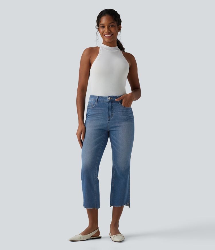 jean court décontracté à taille mi-haute et ourlet asymétrique halara flex avec poches