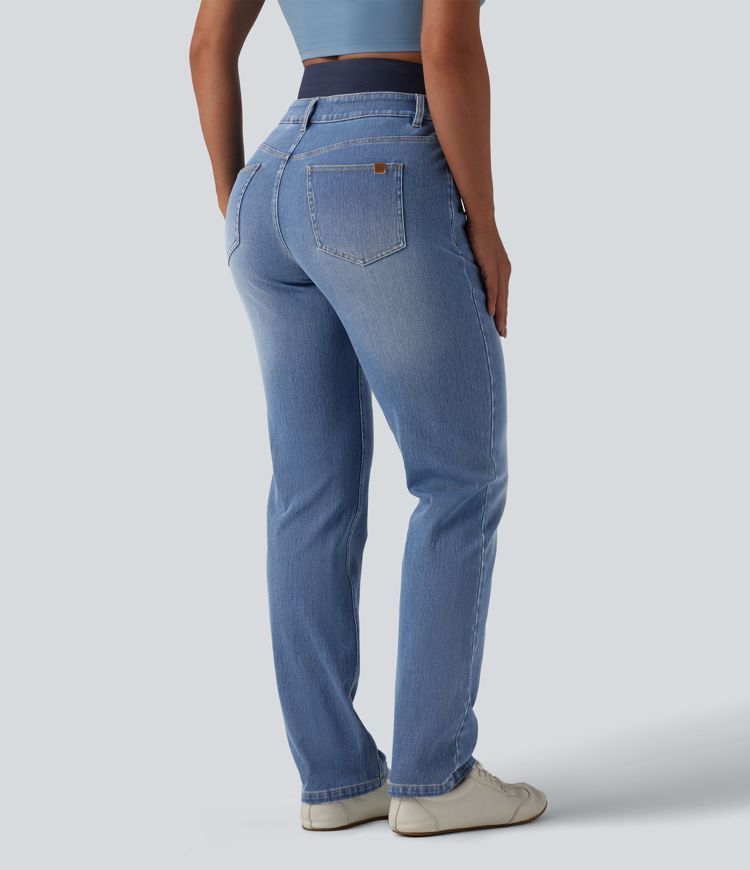 jean slim décontracté taille haute à double ceinture halara flex avec poches