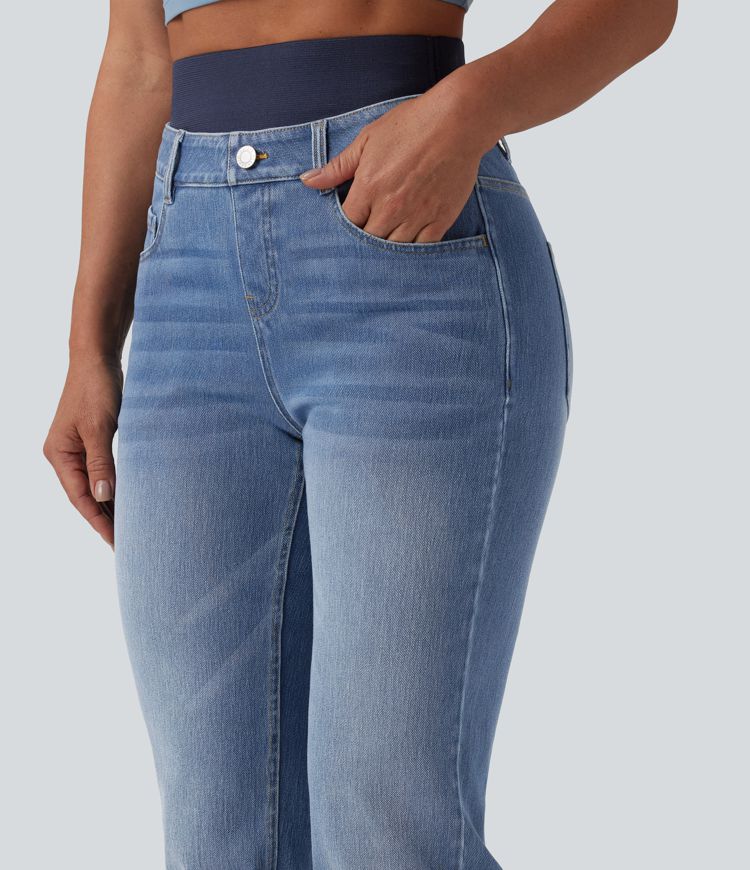 jean slim décontracté taille haute à double ceinture halara flex avec poches