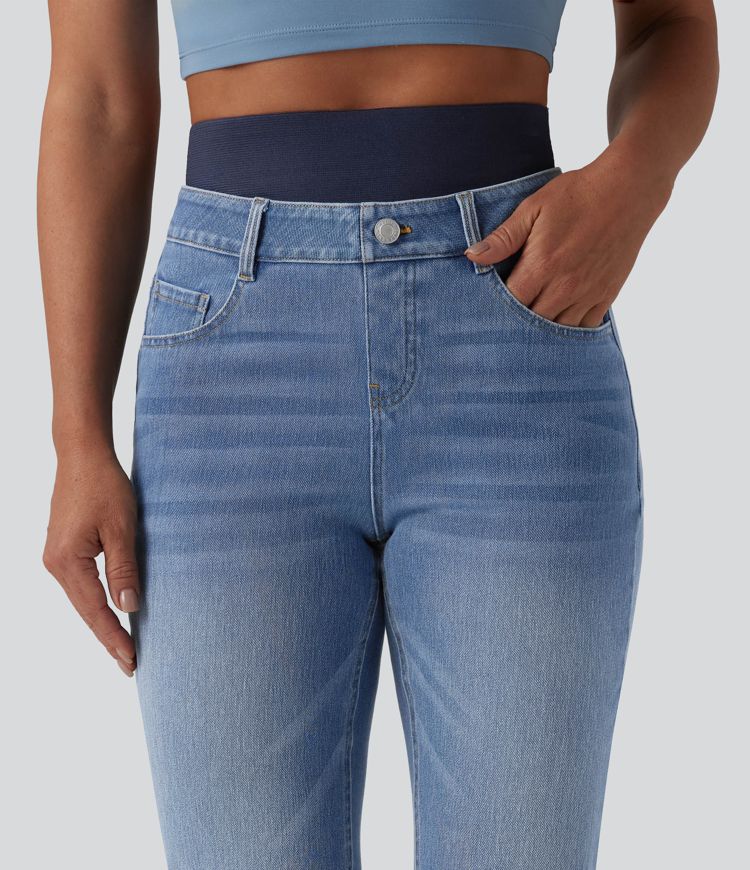 jean slim décontracté taille haute à double ceinture halara flex avec poches
