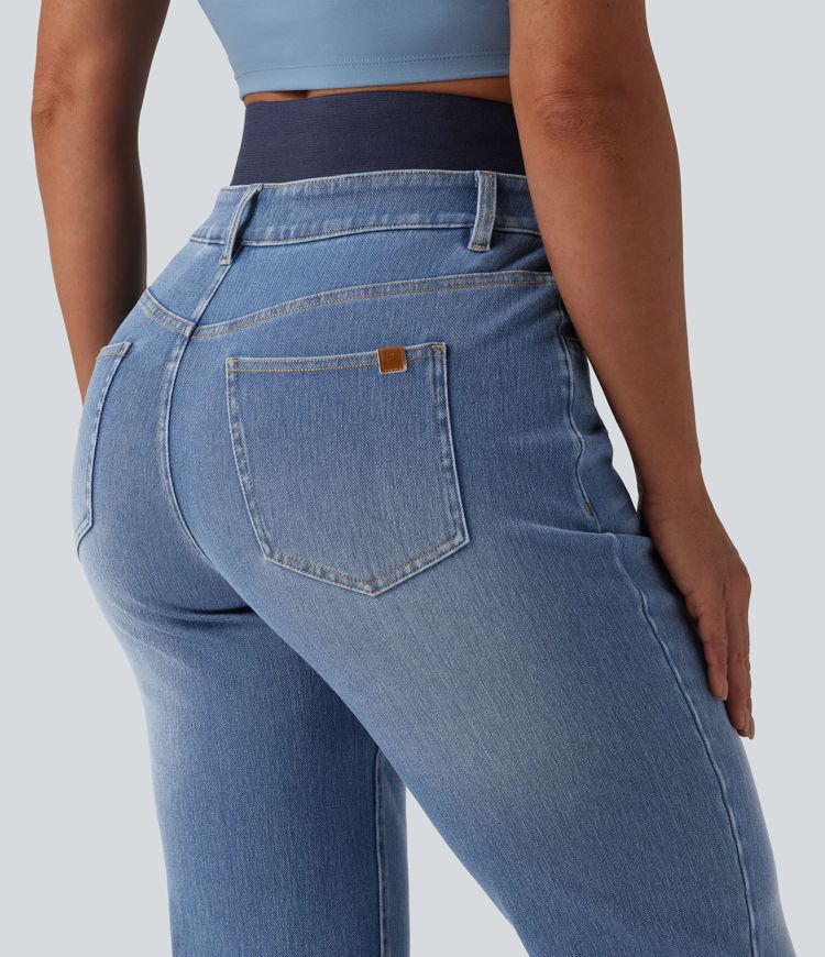 jean slim décontracté taille haute à double ceinture halara flex avec poches