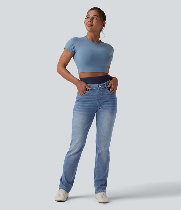 jean slim décontracté taille haute à double ceinture halara flex avec poches