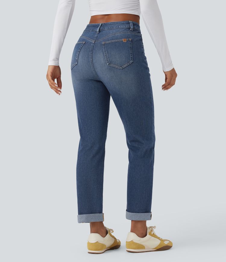 jean slim décontracté taille haute halara flex à ourlet roulé et poches