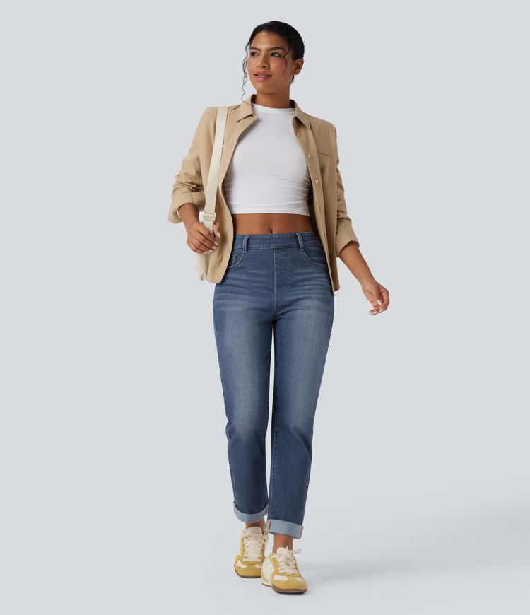 jean slim décontracté taille haute halara flex à ourlet roulé et poches