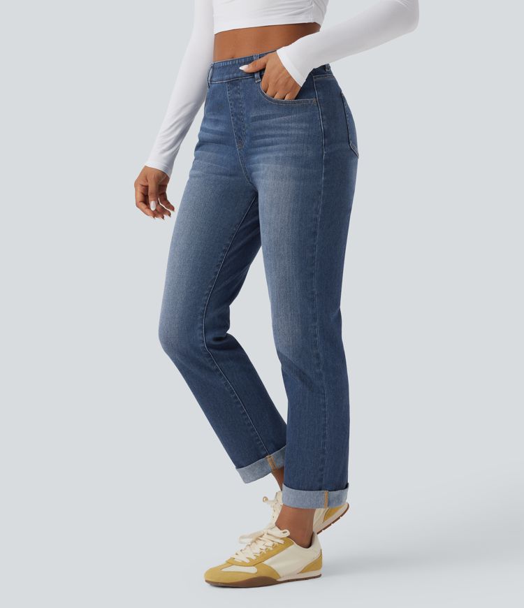 jean slim décontracté taille haute halara flex à ourlet roulé et poches