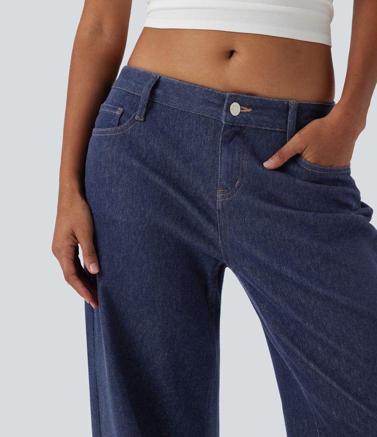 jean décontracté à jambes larges taille basse à carreaux contrastés et ourlet roulé avec poches halara flex