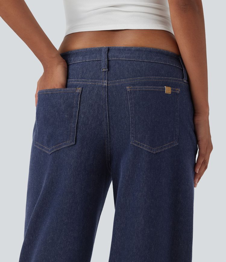 jean décontracté à jambes larges taille basse à carreaux contrastés et ourlet roulé avec poches halara flex
