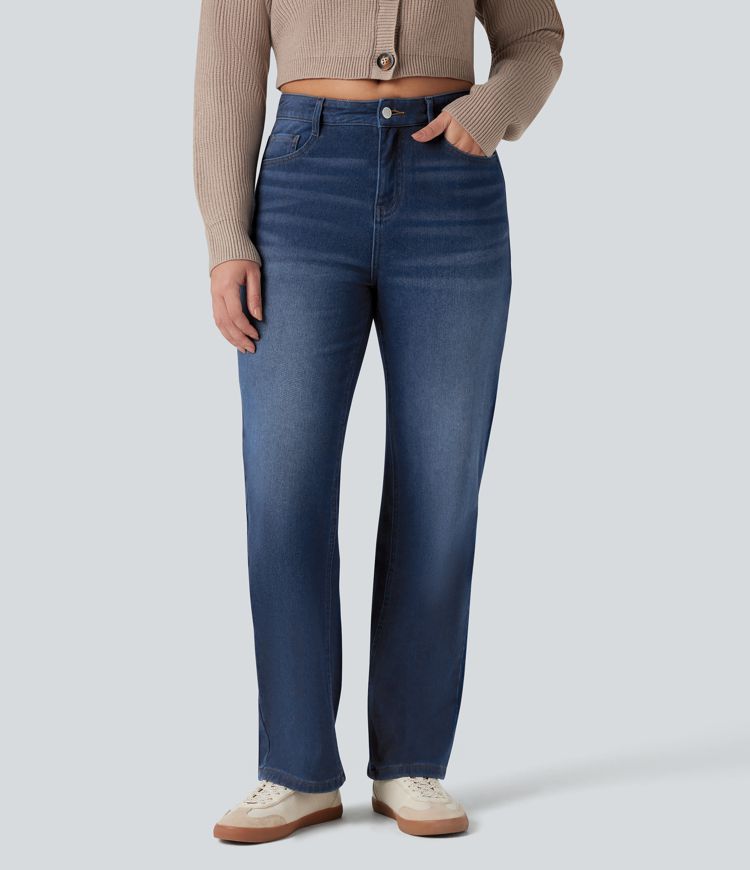 jean décontracté en molleton taille haute halara flex à jambes droites et poches