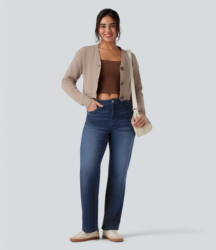 jean décontracté en molleton taille haute halara flex à jambes droites et poches