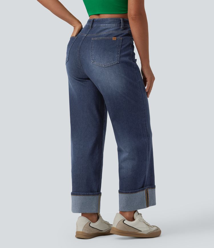 jean décontracté halara flex taille haute effet ventre plat ourlet roulé jambes larges délavé et poches