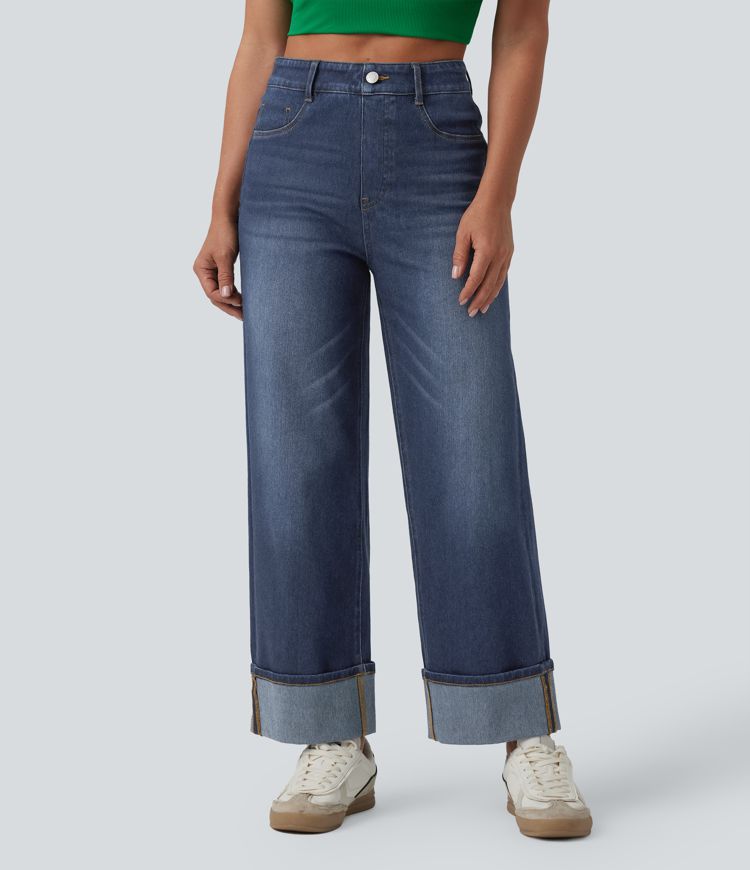 jean décontracté halara flex taille haute effet ventre plat ourlet roulé jambes larges délavé et poches