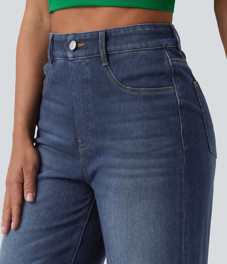 jean décontracté halara flex taille haute effet ventre plat ourlet roulé jambes larges délavé et poches