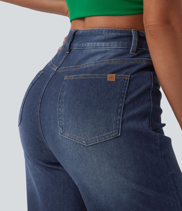 jean décontracté halara flex taille haute effet ventre plat ourlet roulé jambes larges délavé et poches