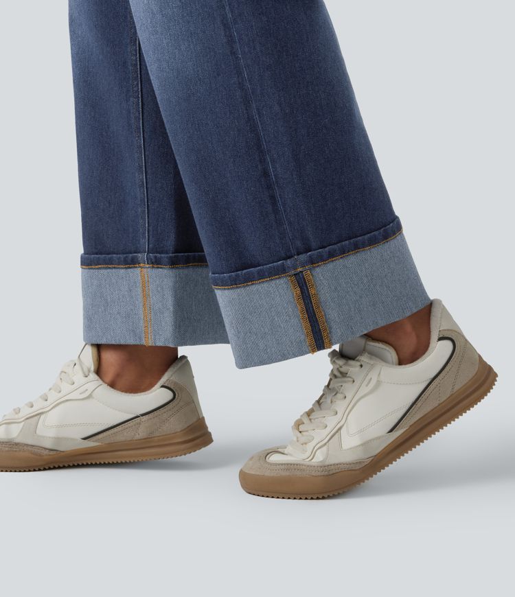 jean décontracté halara flex taille haute effet ventre plat ourlet roulé jambes larges délavé et poches