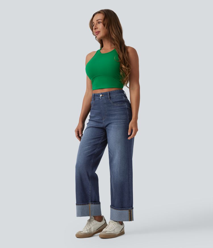 jean décontracté halara flex taille haute effet ventre plat ourlet roulé jambes larges délavé et poches