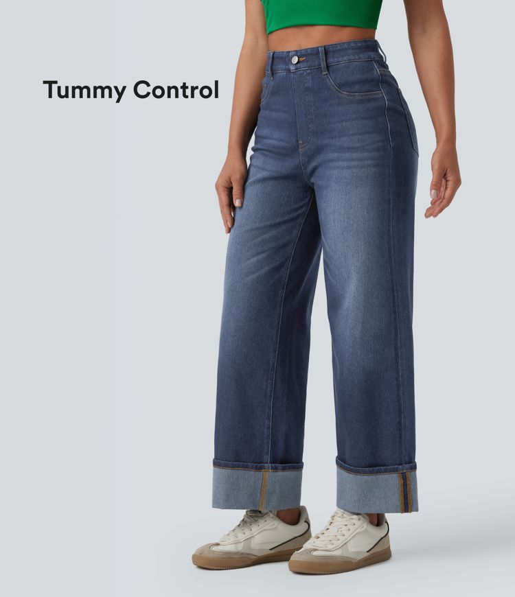 jean décontracté halara flex taille haute effet ventre plat ourlet roulé jambes larges délavé et poches