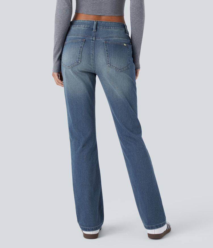 jean décontracté à taille basse halara flex avec poches zippées et coupe bootcut délavé