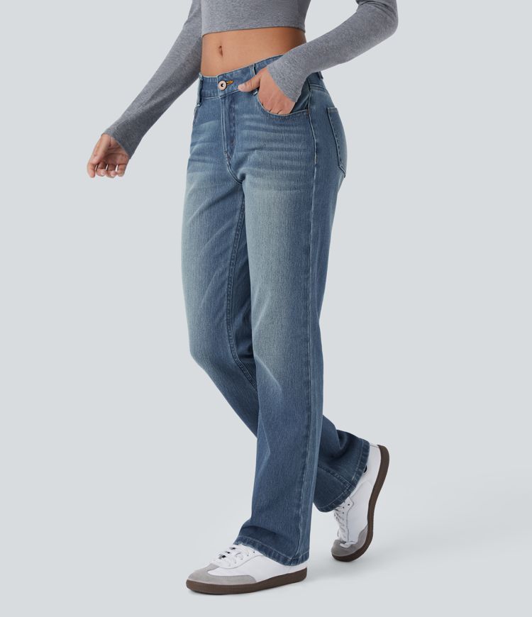 jean décontracté à taille basse halara flex avec poches zippées et coupe bootcut délavé