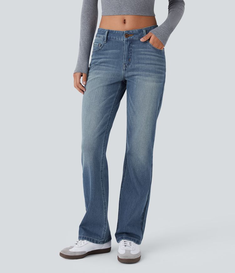 jean décontracté à taille basse halara flex avec poches zippées et coupe bootcut délavé