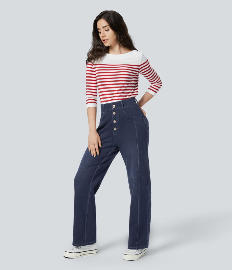 jean boyfriend décontracté à taille haute et poches décoratives halara flex