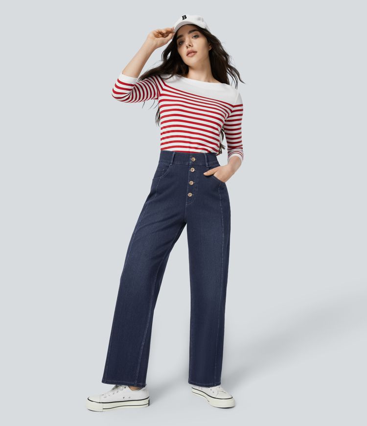 jean boyfriend décontracté à taille haute et poches décoratives halara flex