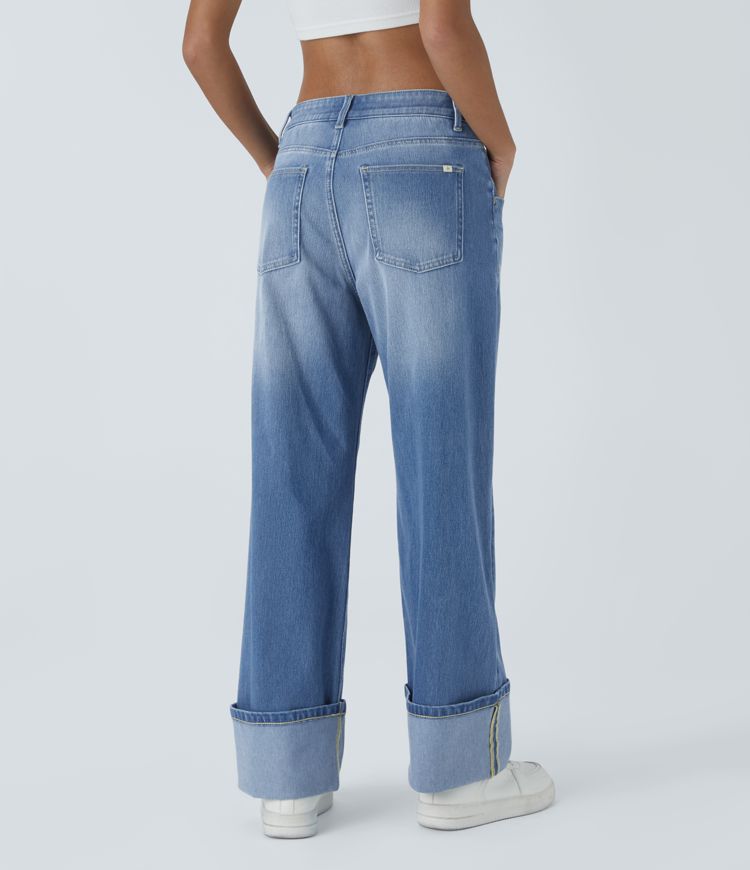 jean boyfriend décontracté halara flex taille basse poches ourlet roulé délavé