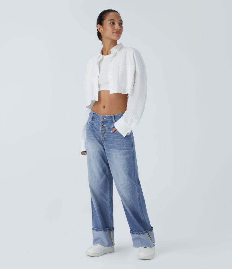 jean boyfriend décontracté halara flex taille basse poches ourlet roulé délavé