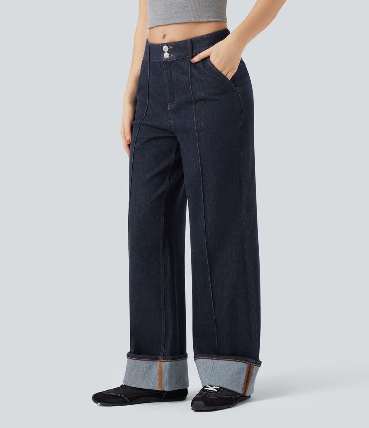 jean décontracté halara flex à taille mi-haute jambes larges déperlant et résistant à lhuile avec poches