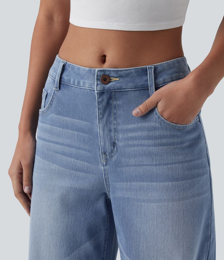 jean décontracté halara flex taille mi-haute coupe ample et délavé avec poches