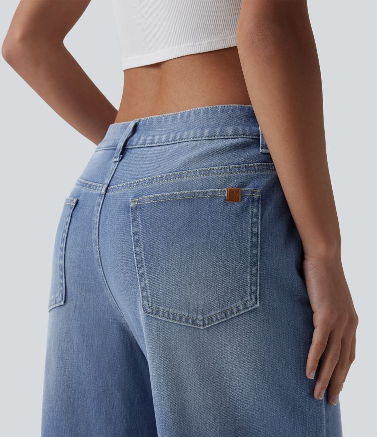 jean décontracté halara flex taille mi-haute coupe ample et délavé avec poches