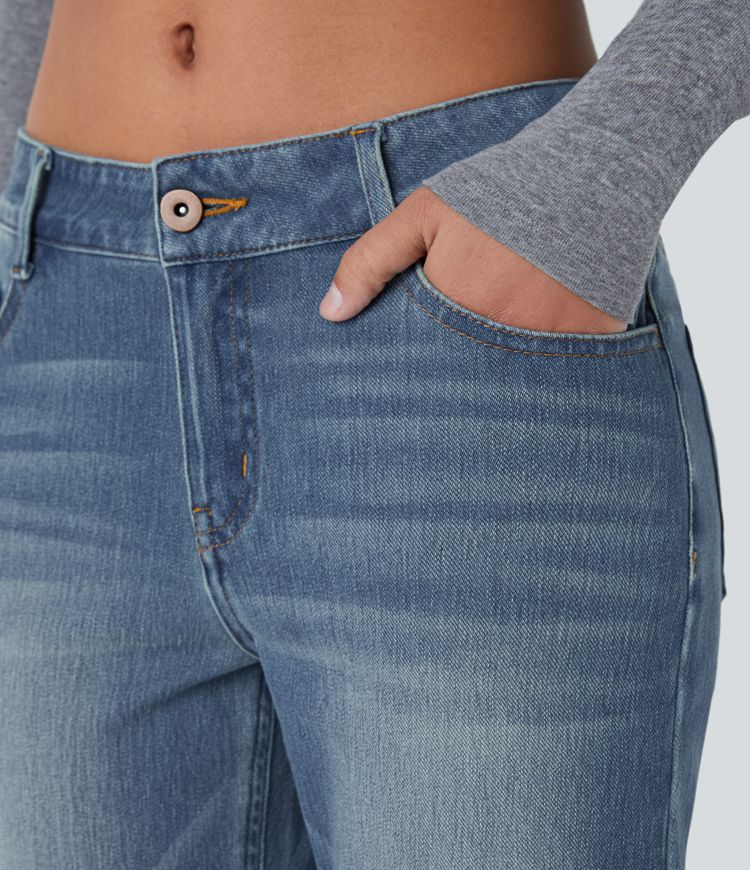 jean décontracté à taille basse halara flex avec poches zippées et coupe bootcut délavé