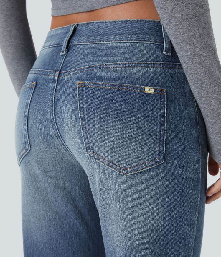 jean décontracté à taille basse halara flex avec poches zippées et coupe bootcut délavé