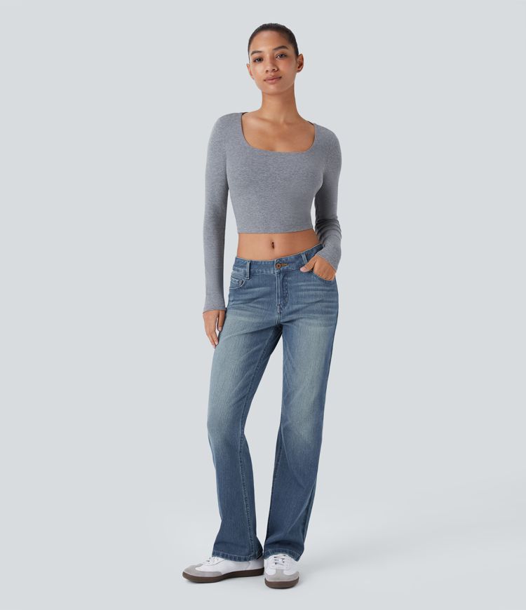 jean décontracté à taille basse halara flex avec poches zippées et coupe bootcut délavé