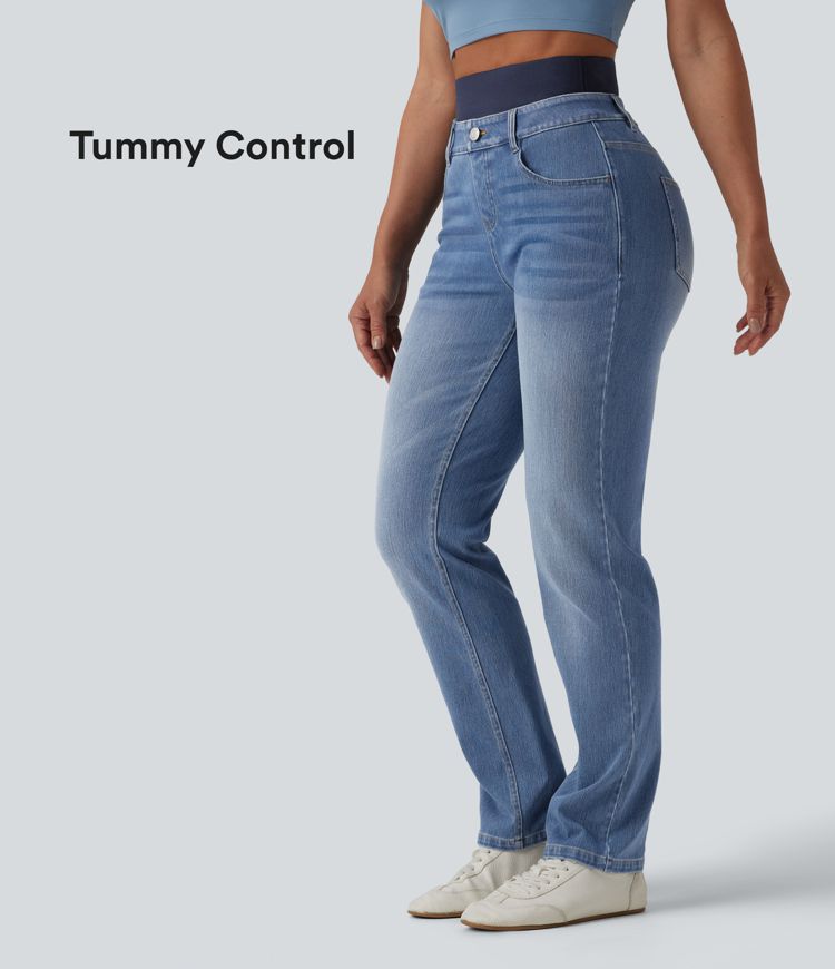 jean slim décontracté taille haute à double ceinture halara flex avec poches
