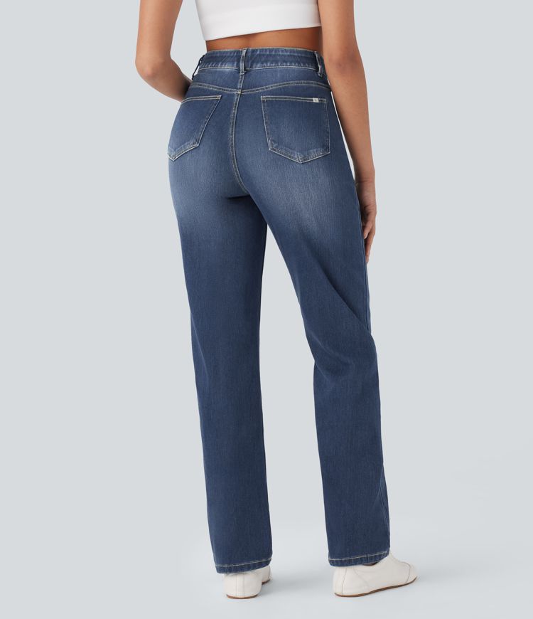 jean décontracté halara flex taille haute avec poches gainantes et jambes droites délavées