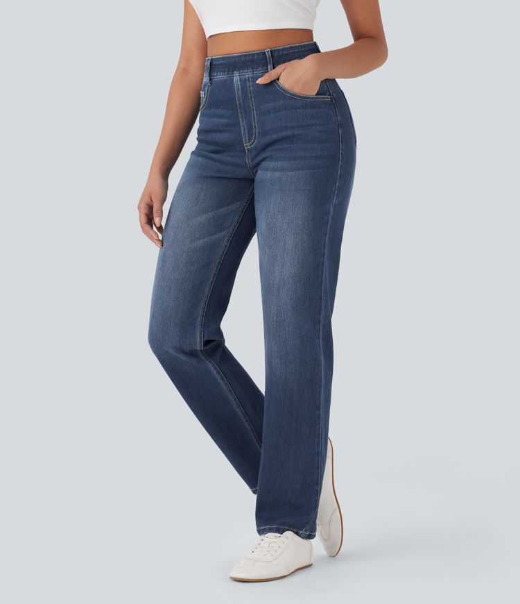 jean décontracté halara flex taille haute avec poches gainantes et jambes droites délavées