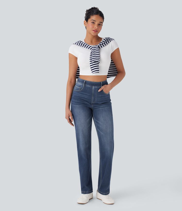 jean décontracté halara flex taille haute avec poches gainantes et jambes droites délavées