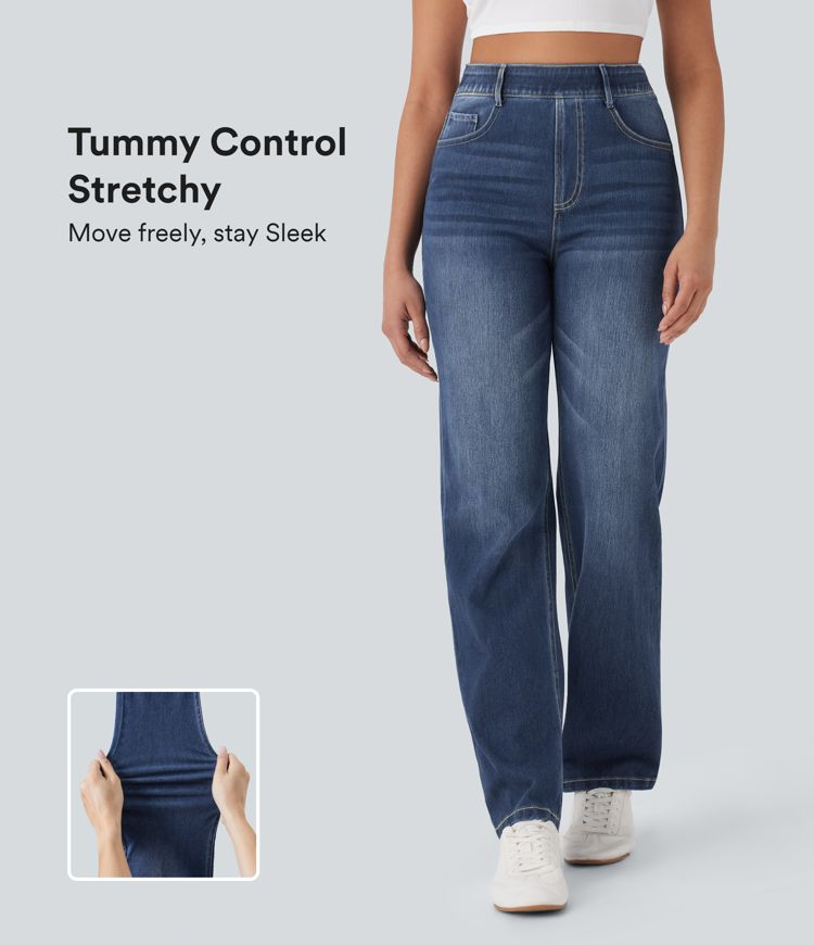 jean décontracté halara flex taille haute avec poches gainantes et jambes droites délavées