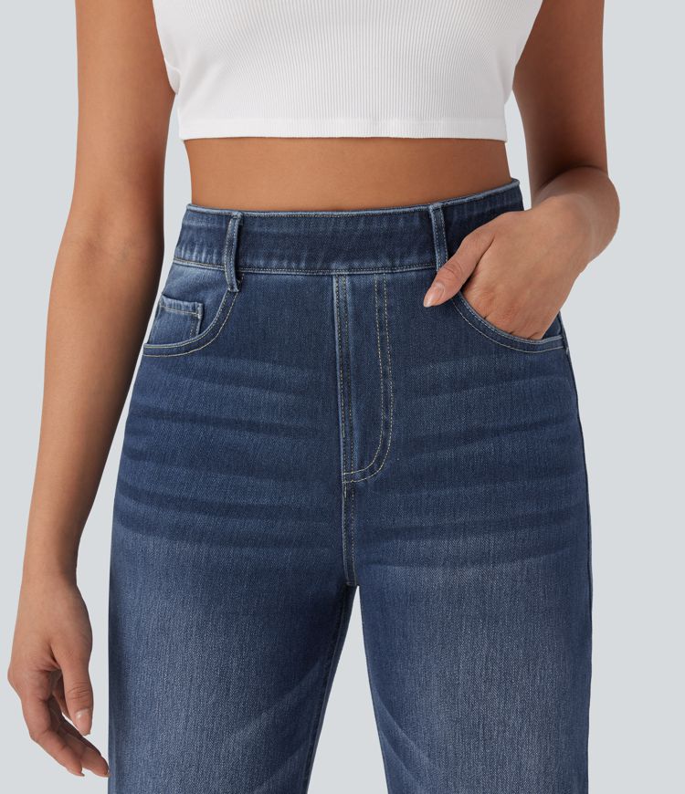 jean décontracté halara flex taille haute avec poches gainantes et jambes droites délavées