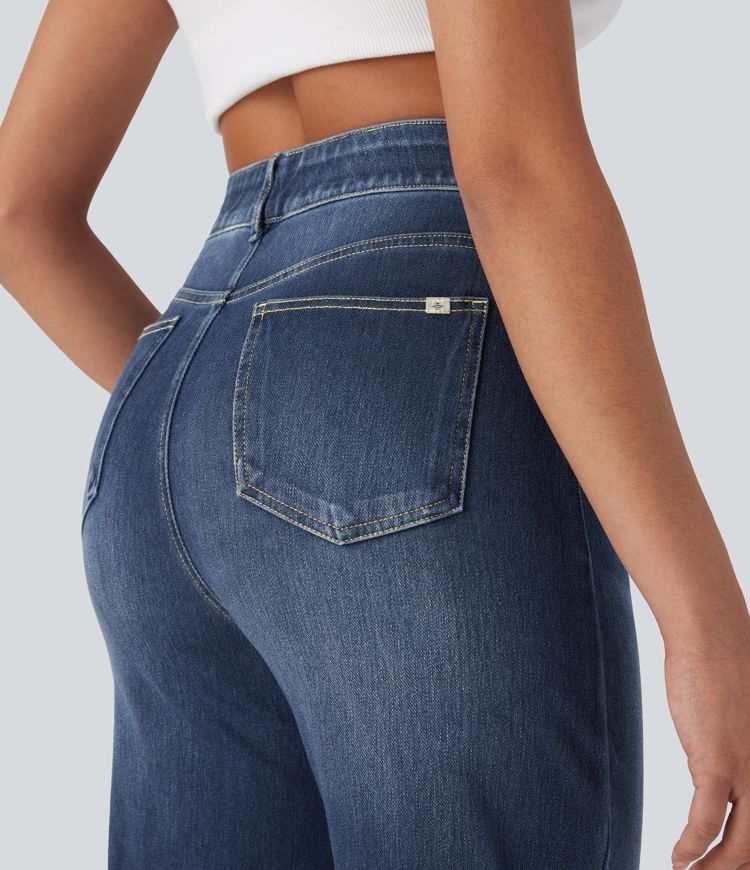 jean décontracté halara flex taille haute avec poches gainantes et jambes droites délavées