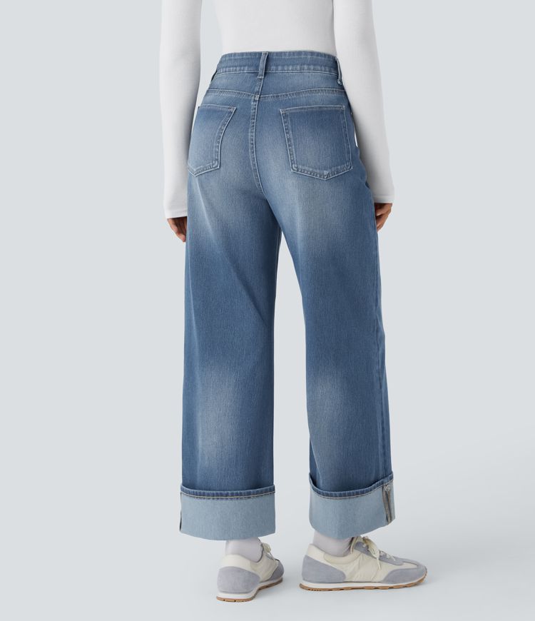 jean décontracté halara flex taille haute poches ourlet ajustable jambes larges délavé