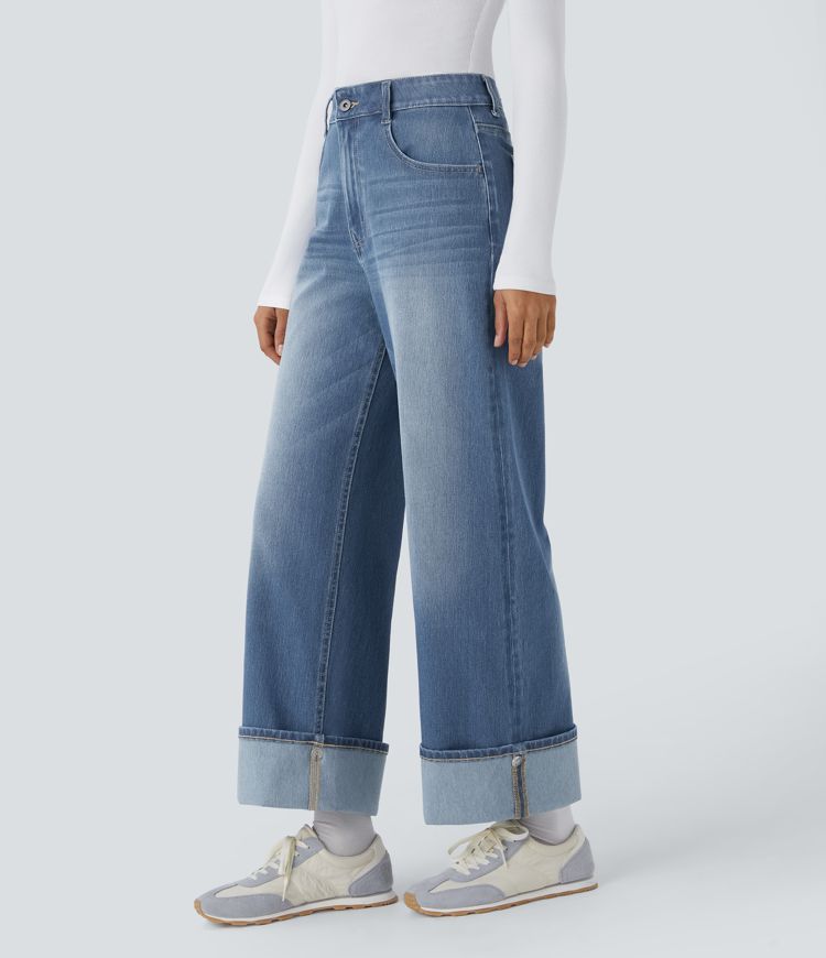 jean décontracté halara flex taille haute poches ourlet ajustable jambes larges délavé