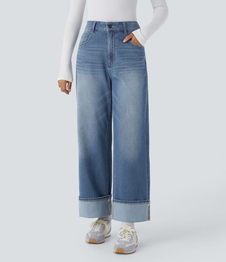 jean décontracté halara flex taille haute poches ourlet ajustable jambes larges délavé