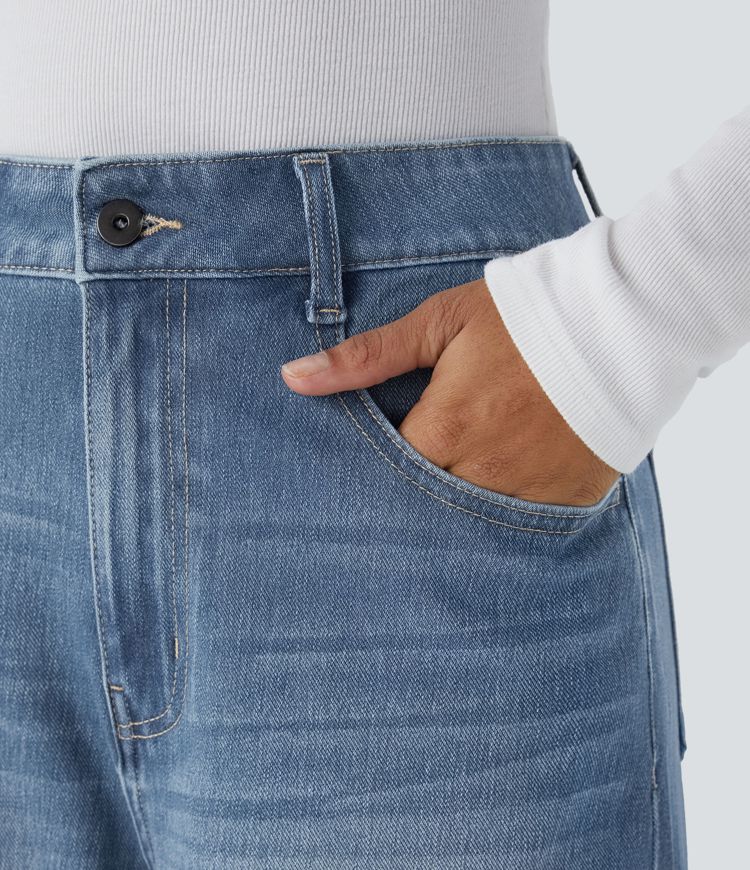 jean décontracté halara flex taille haute poches ourlet ajustable jambes larges délavé